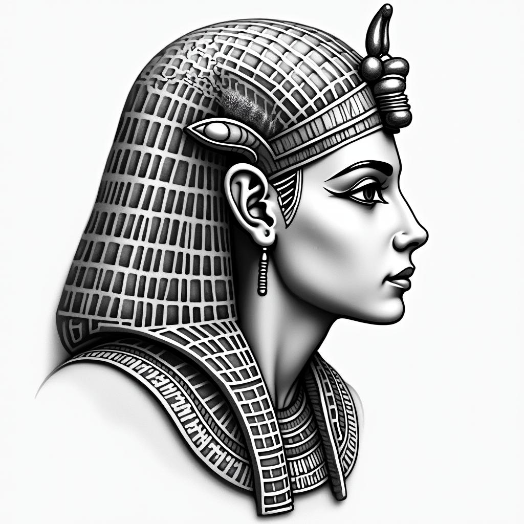 Angelica, Virgo, Austellin egyptian style tattoo, bold elements of ancient egyptian culture including a portrait of an Egyptian pharaoh with detailed facial features, in hieroglyphs and symbolic imagery, eye of horus, ankh symbol, scarab beetle - Variation 4