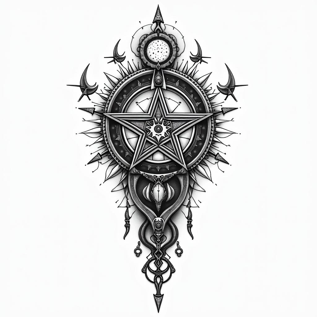 Yair,Aries, Mexicanoin paganic style tattoo, featuring ancient symbols, add vegvisir symbol, mystical figures, incorporating designs, pentagrams, runes, crescent moons, - Variation 4