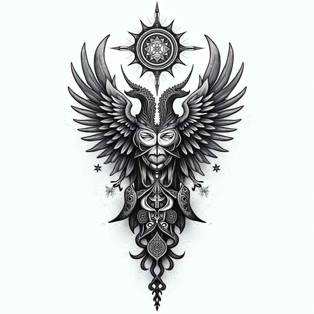 Yair,Aries, Mexicanoin paganic style tattoo, featuring ancient symbols, add vegvisir symbol, mystical figures, incorporating designs, pentagrams, runes, crescent moons, - Variation 3
