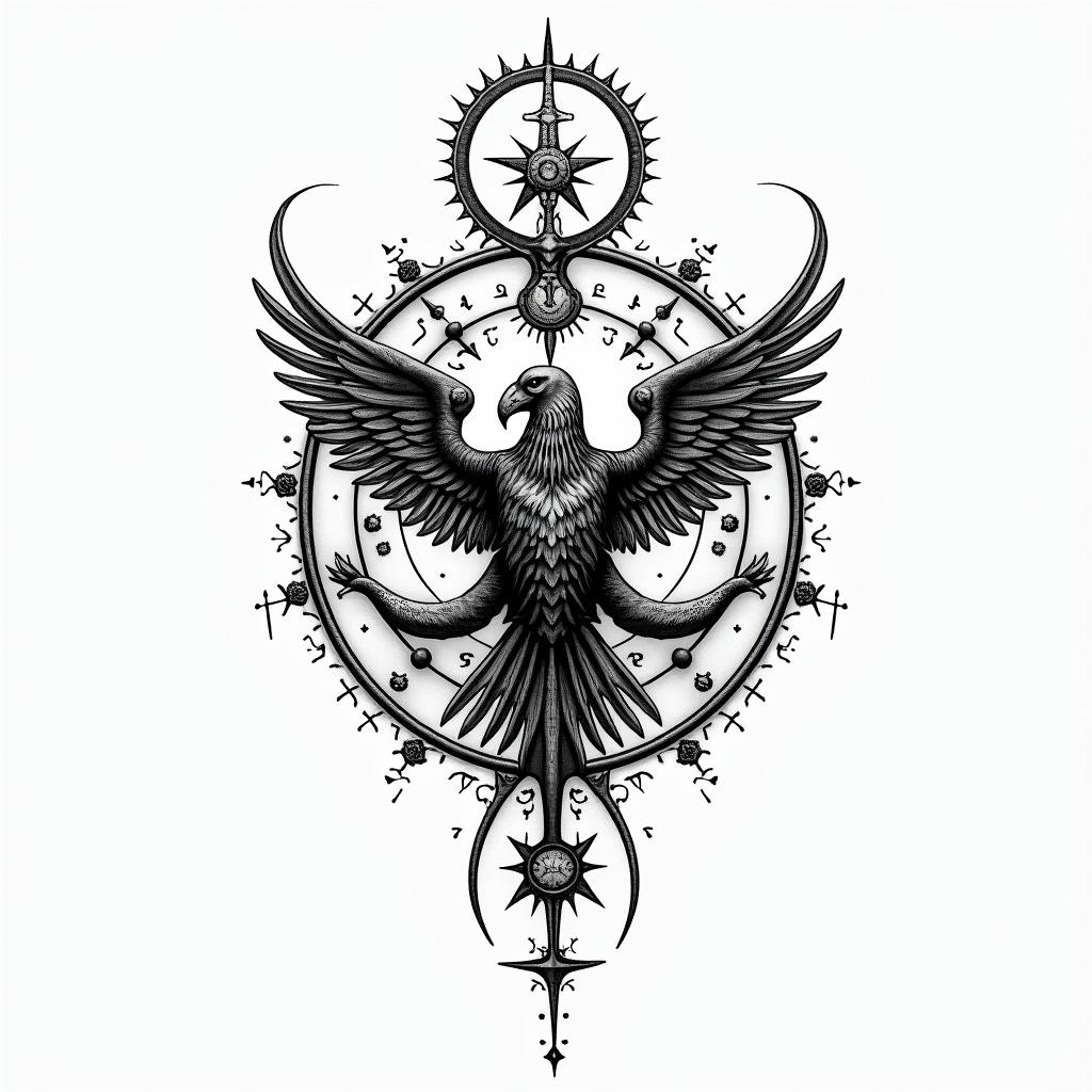 Yair,Aries, Mexicanoin paganic style tattoo, featuring ancient symbols, add vegvisir symbol, mystical figures, incorporating designs, pentagrams, runes, crescent moons,