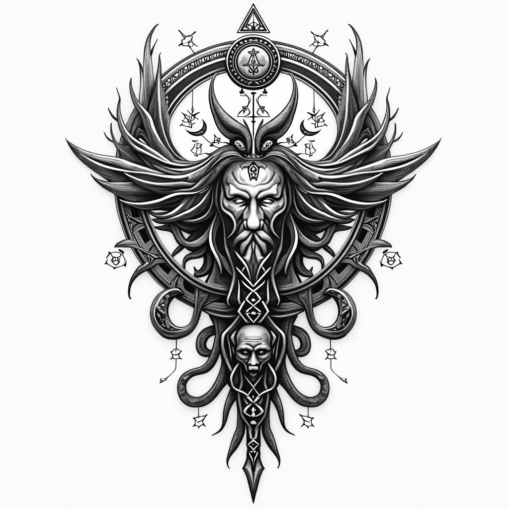 Yair,Aries, Mexicanoin paganic style tattoo, featuring ancient symbols, add vegvisir symbol, mystical figures, incorporating designs, pentagrams, runes, crescent moons, - Variation 2