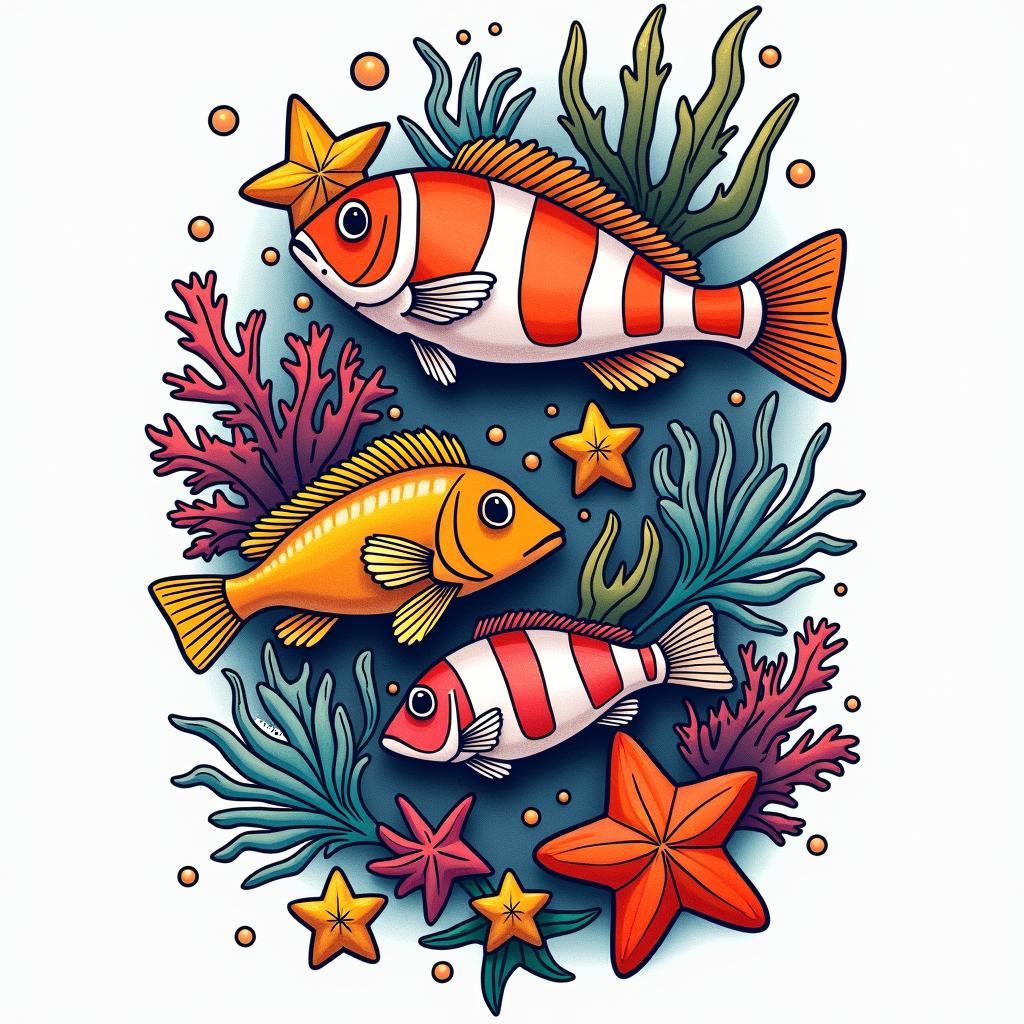 Clownfish, starfish, and reefsin pop art style tattoo, featuring bold and vibrant colors, exaggerated outlines, iconic imagery, inspired by comic books and speech bubbles, comic book characters, retro pop culture - Variation 2