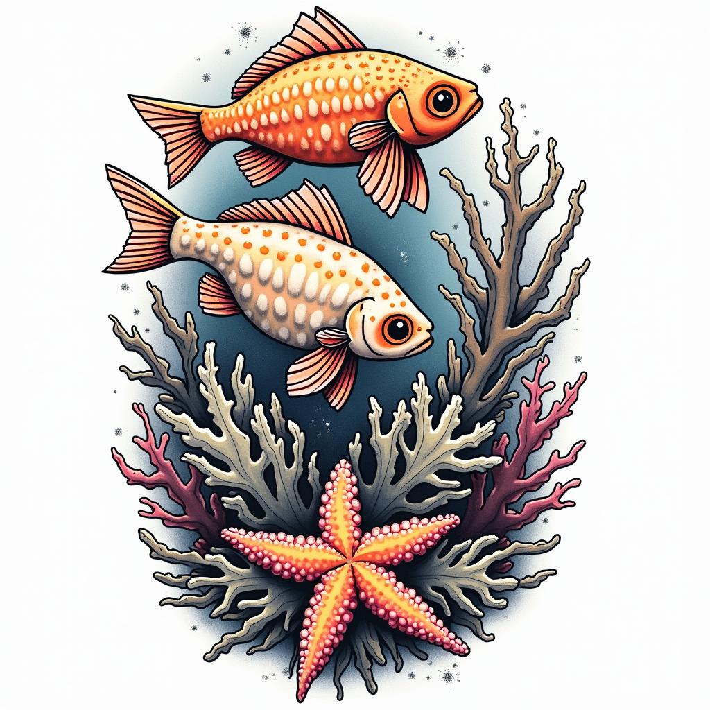 Clownfish, starfish, and reefsin pop art style tattoo, featuring bold and vibrant colors, exaggerated outlines, iconic imagery, inspired by comic books and speech bubbles, comic book characters, retro pop culture - Variation 3