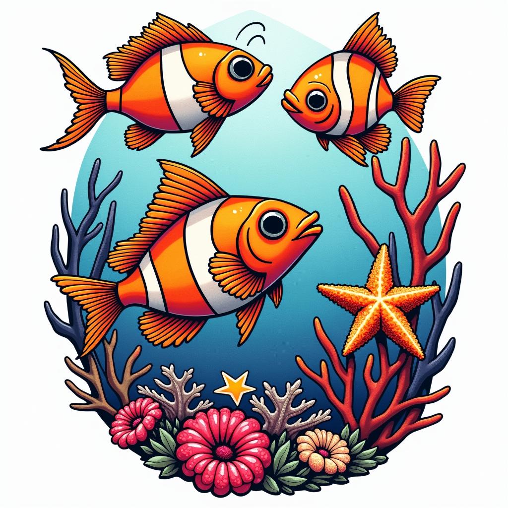 Clownfish, starfish, and reefsin pop art style tattoo, featuring bold and vibrant colors, exaggerated outlines, iconic imagery, inspired by comic books and speech bubbles, comic book characters, retro pop culture
