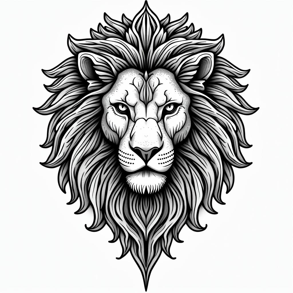 Lionin dotwork style tattoo, complex mandala patterns, interlocking geometric shapes with sharp symmetry, clean lines, sharp angles - Variation 4