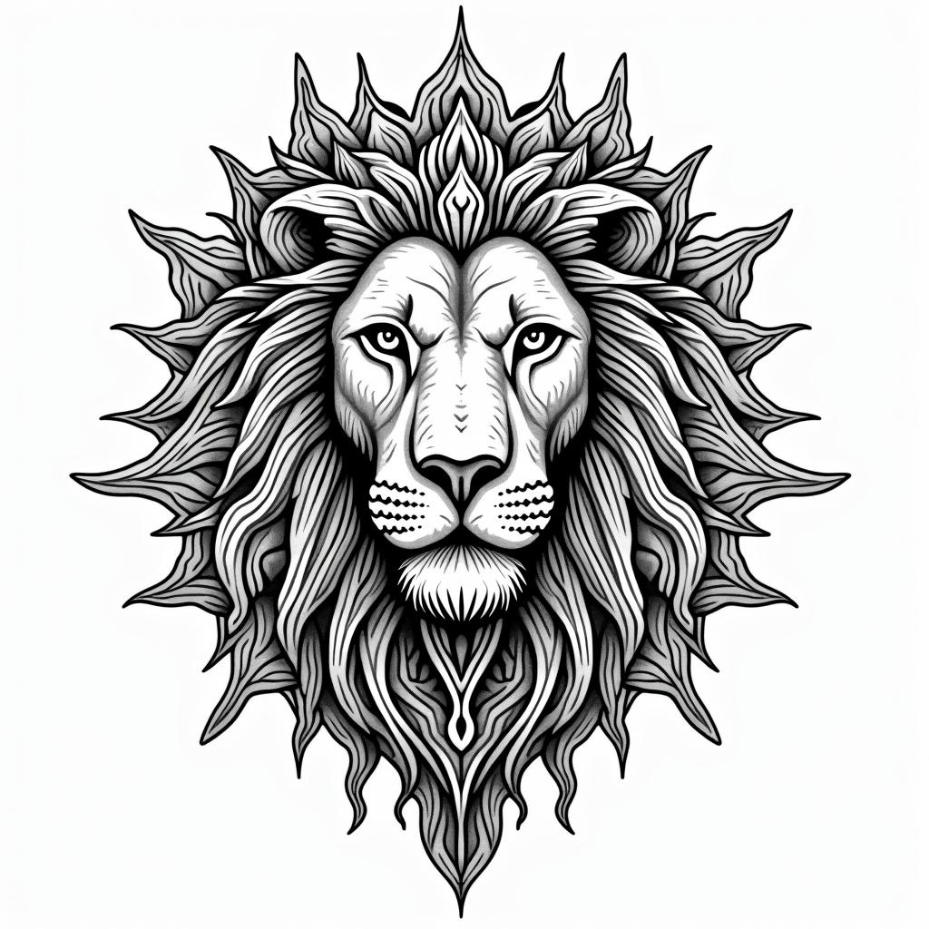 Lionin dotwork style tattoo, complex mandala patterns, interlocking geometric shapes with sharp symmetry, clean lines, sharp angles - Variation 3