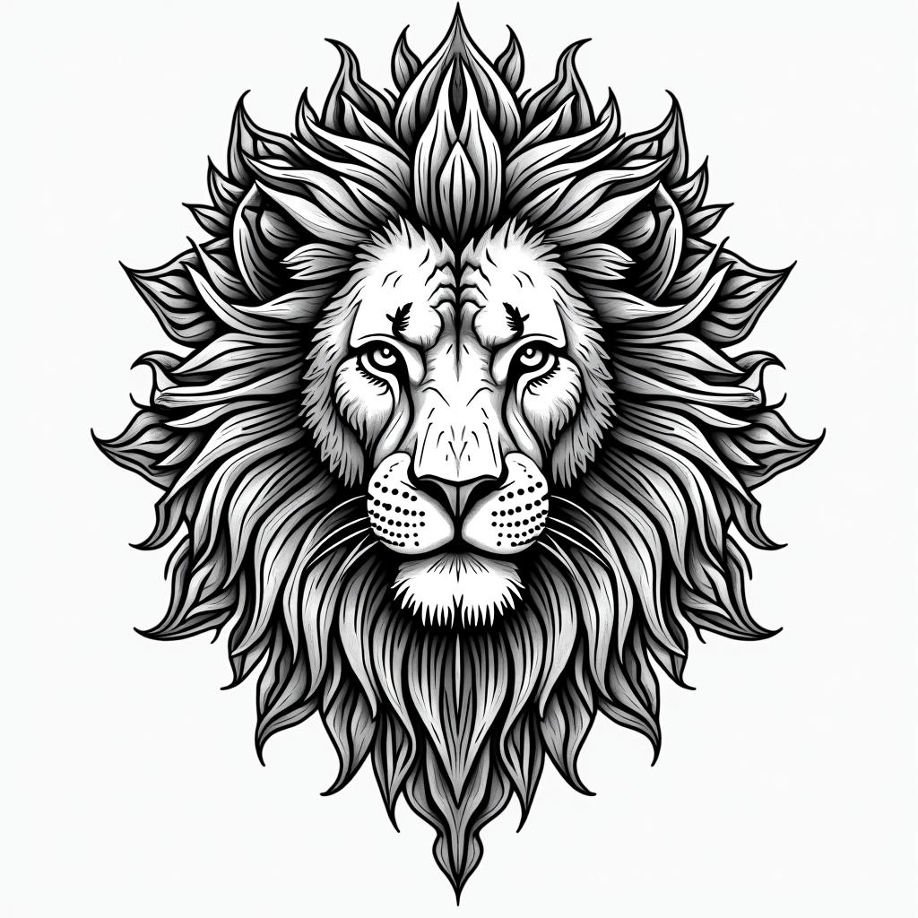 Lionin dotwork style tattoo, complex mandala patterns, interlocking geometric shapes with sharp symmetry, clean lines, sharp angles - Variation 2