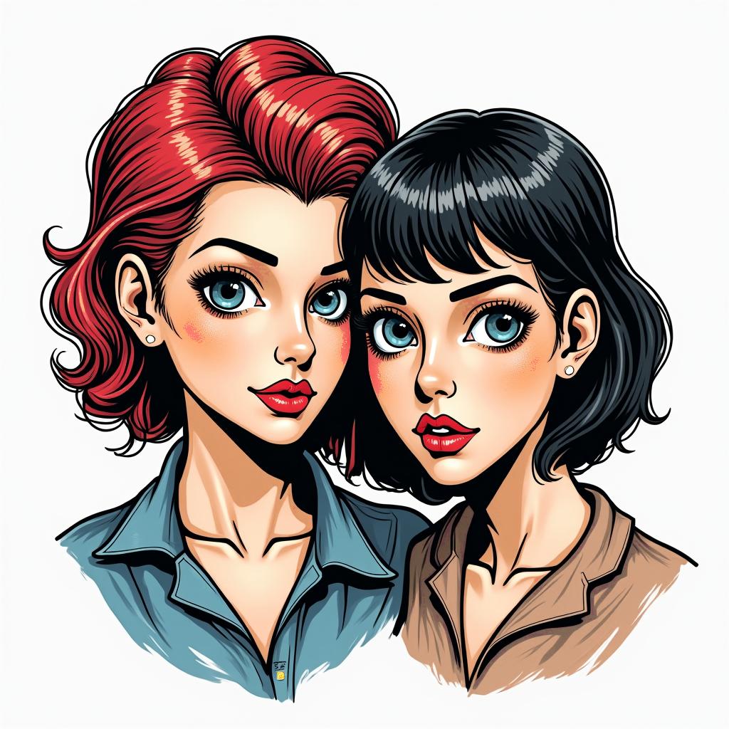 Siblingsin pop art style tattoo, featuring bold and vibrant colors, exaggerated outlines, iconic imagery, inspired by comic books and speech bubbles, comic book characters, retro pop culture