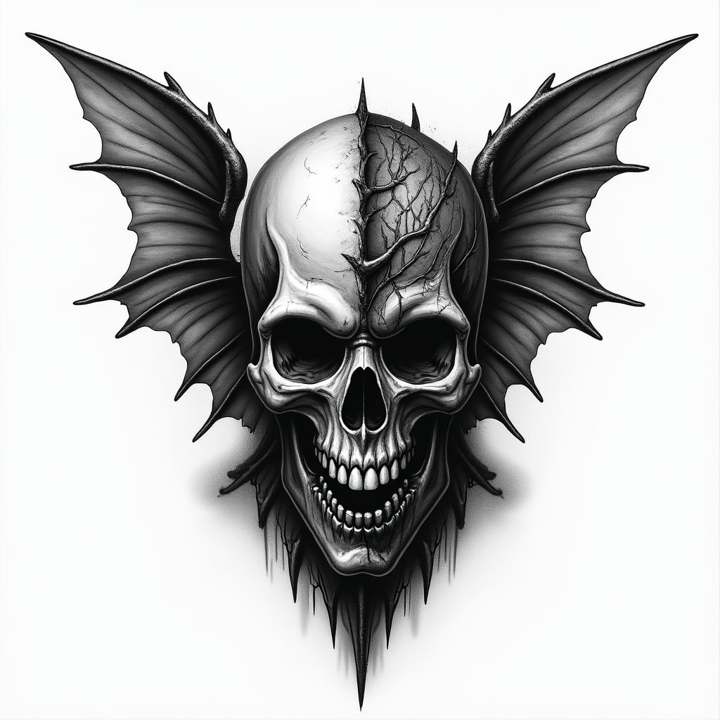 Someone half demon and angel in horror tattoo style, showcasing haunting and unsettling, dark and gritty textures with skulls, eerie faces, jgged designs, bold and intense shading - Variation 4