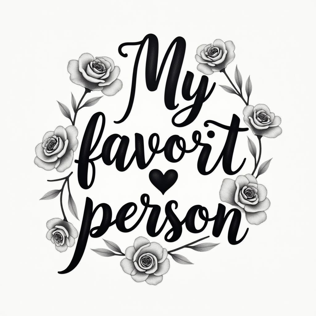 “My favorite person”in elegant cursive calligraphy style 2d tattoo, decorate with roses, featuring a smooth and flowing handwritten script with slightly thickened strokes for a luxurious and bold appearance,  heart symbol between names,  sleek and glossy black text with shadowing, minimalist matte white background, clean and sharp edges, illuminated with soft lighting, romantic, 8k, high-quality textures with refined typography - Variation 28