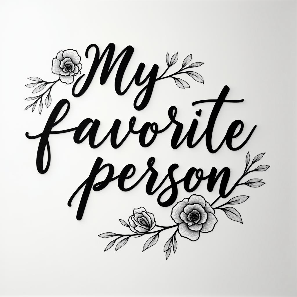 “My favorite person”in elegant cursive calligraphy style 2d tattoo, decorate with roses, featuring a smooth and flowing handwritten script with slightly thickened strokes for a luxurious and bold appearance,  heart symbol between names,  sleek and glossy black text with shadowing, minimalist matte white background, clean and sharp edges, illuminated with soft lighting, romantic, 8k, high-quality textures with refined typography - Variation 27