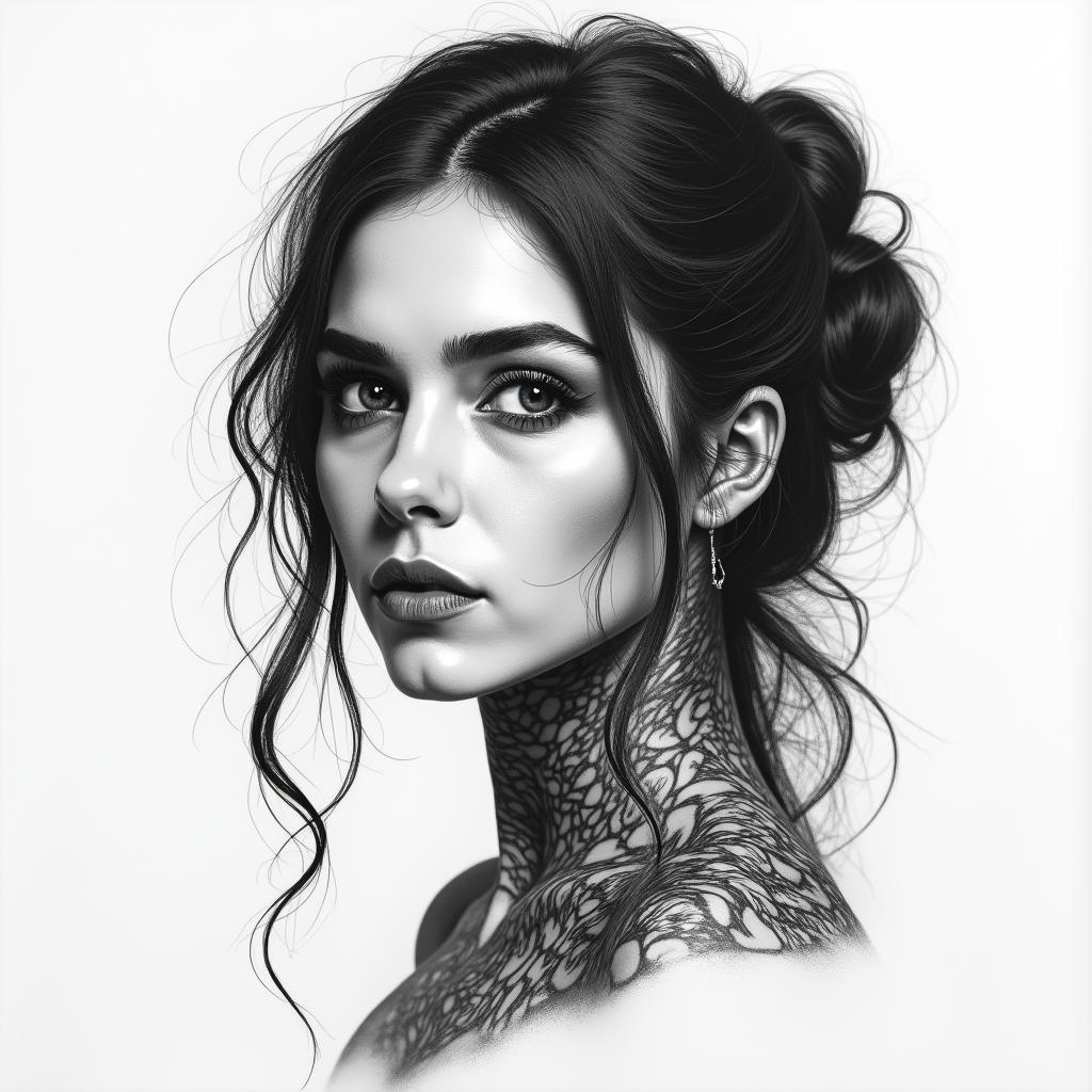 Alejandra Tauro 1987in portrait tattoo style, featuring a highly realistic and detailed depiction 