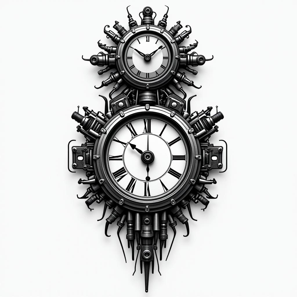 Back minimal about clock or timetattoo in biomechanic style, the tattoo covered by robotic elements of futuristic cyberpunk design, robotic features detail, showcasing intricate mechanical components
