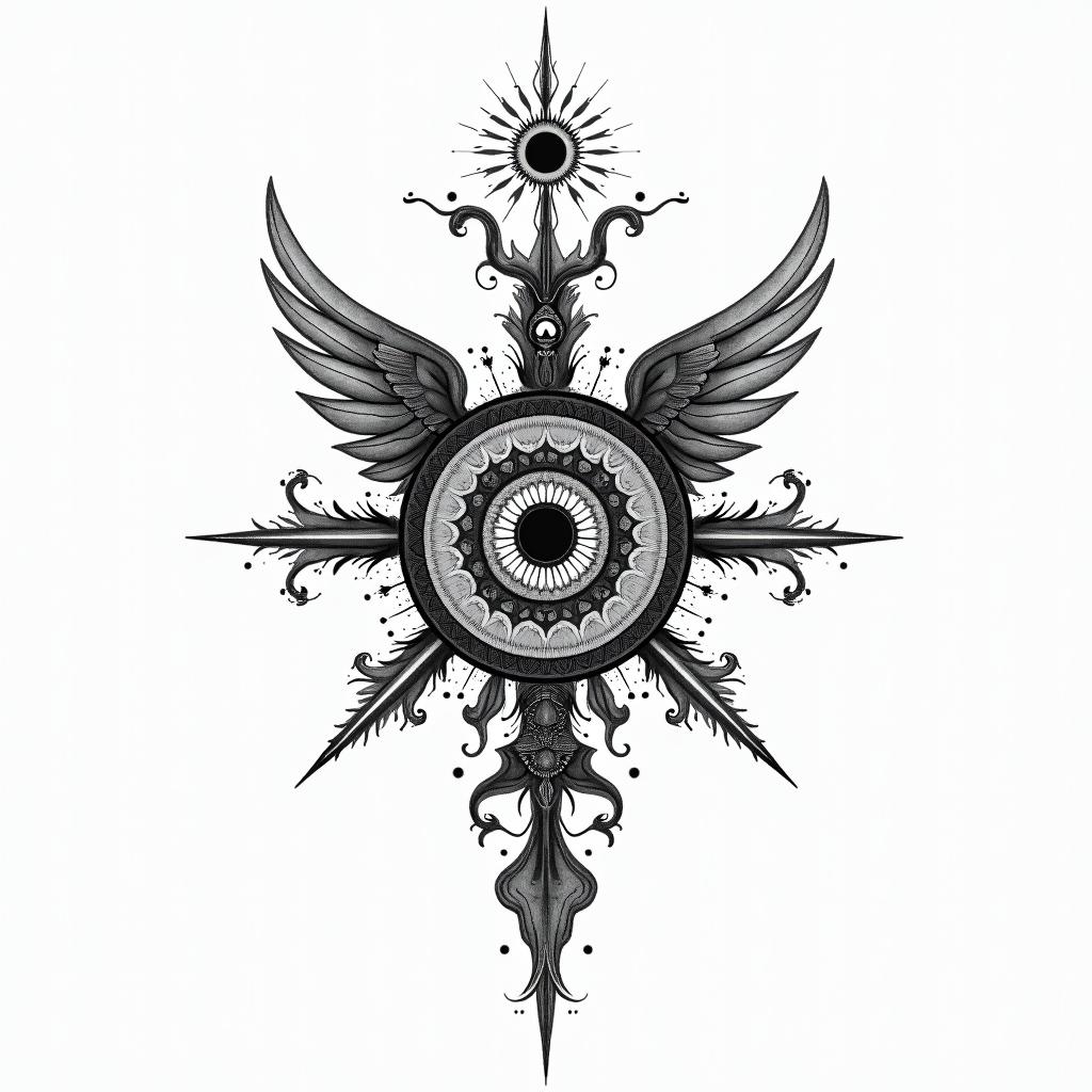 Angelica, Virgo, Austellin spiritual symbols tattoo style, featuring an intricate design incorporating elements, Hamsa hand, third eye, minimalist composition - Variation 3