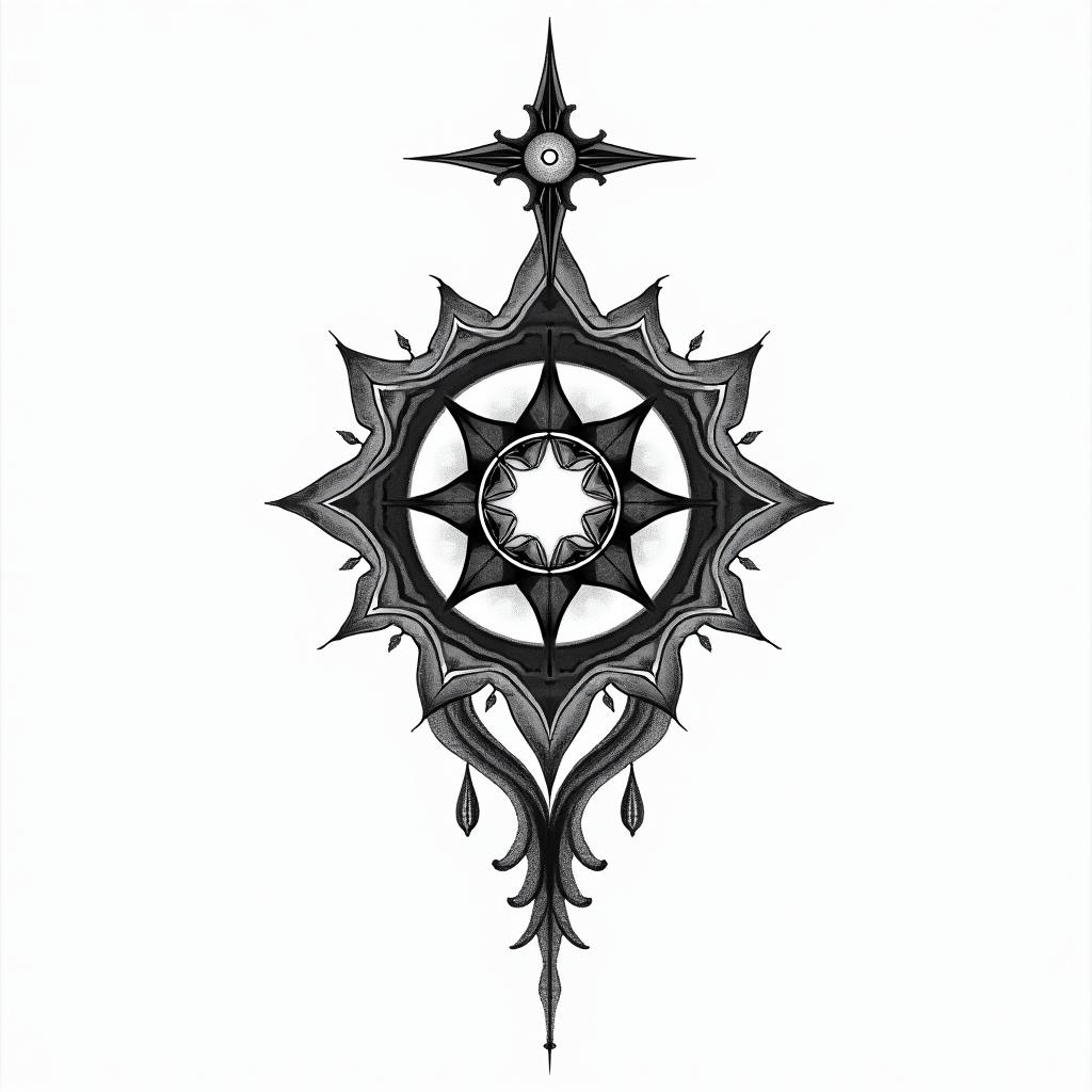 Angelica, Virgo, Austellin spiritual symbols tattoo style, featuring an intricate design incorporating elements, Hamsa hand, third eye, minimalist composition