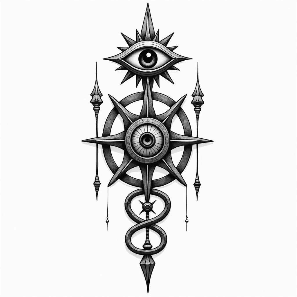 Angelica, Virgo, Austellin spiritual symbols tattoo style, featuring an intricate design incorporating elements, Hamsa hand, third eye, minimalist composition - Variation 2