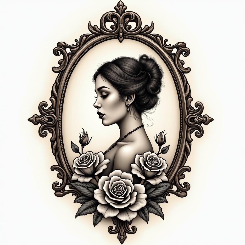 Yair,Aries, Mexicanoin victorian style tattoo, featuring vintage and elegant elements, ornate frames, roses, antique, sepia-toned color scheme - Variation 4
