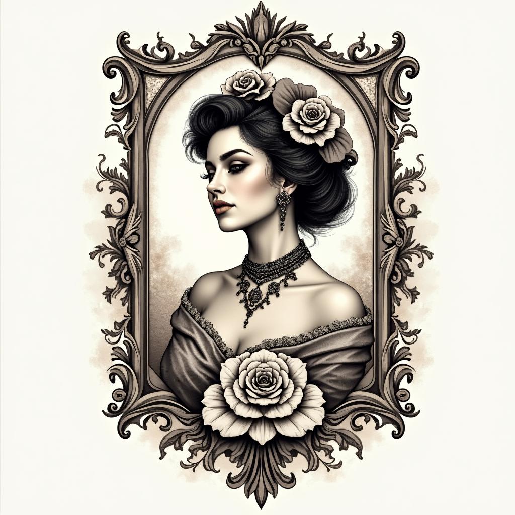 Yair,Aries, Mexicanoin victorian style tattoo, featuring vintage and elegant elements, ornate frames, roses, antique, sepia-toned color scheme