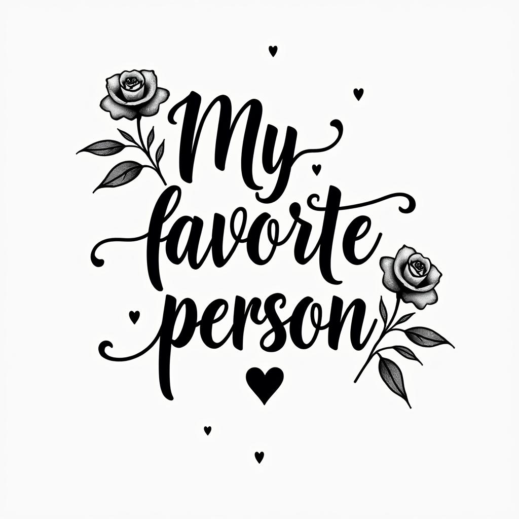 “My favorite person”in elegant cursive calligraphy style 2d tattoo, decorate with roses, featuring a smooth and flowing handwritten script with slightly thickened strokes for a luxurious and bold appearance,  heart symbol between names,  sleek and glossy black text with shadowing, minimalist matte white background, clean and sharp edges, illuminated with soft lighting, romantic, 8k, high-quality textures with refined typography - Variation 21