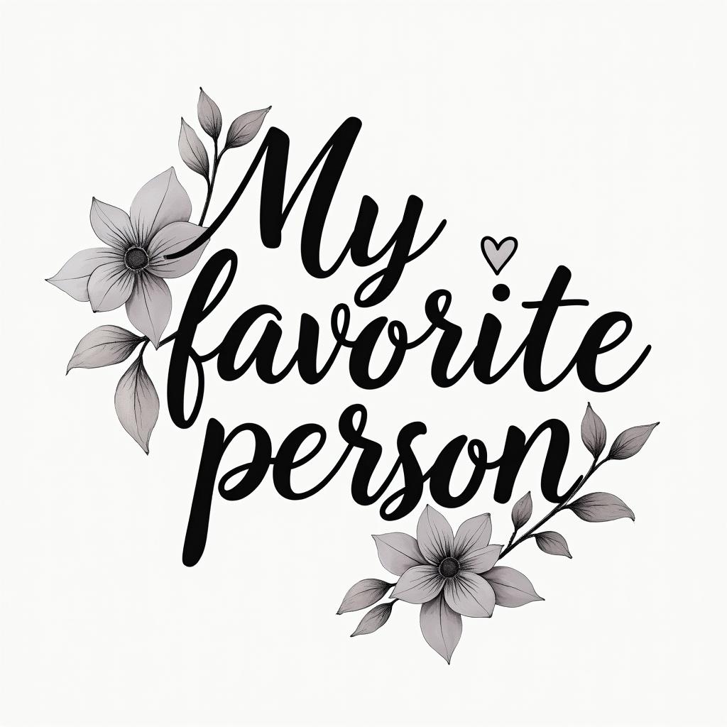 “My favorite person”in elegant cursive calligraphy style 2d tattoo, decorate with roses, featuring a smooth and flowing handwritten script with slightly thickened strokes for a luxurious and bold appearance,  heart symbol between names,  sleek and glossy black text with shadowing, minimalist matte white background, clean and sharp edges, illuminated with soft lighting, romantic, 8k, high-quality textures with refined typography - Variation 22