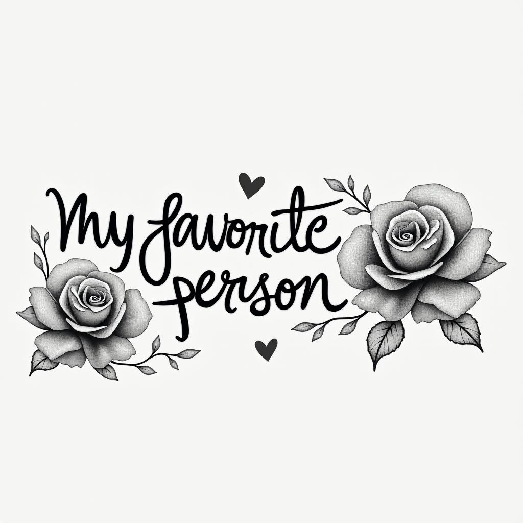 “My favorite person”in elegant cursive calligraphy style 2d tattoo, decorate with roses, featuring a smooth and flowing handwritten script with slightly thickened strokes for a luxurious and bold appearance,  heart symbol between names,  sleek and glossy black text with shadowing, minimalist matte white background, clean and sharp edges, illuminated with soft lighting, romantic, 8k, high-quality textures with refined typography - Variation 23