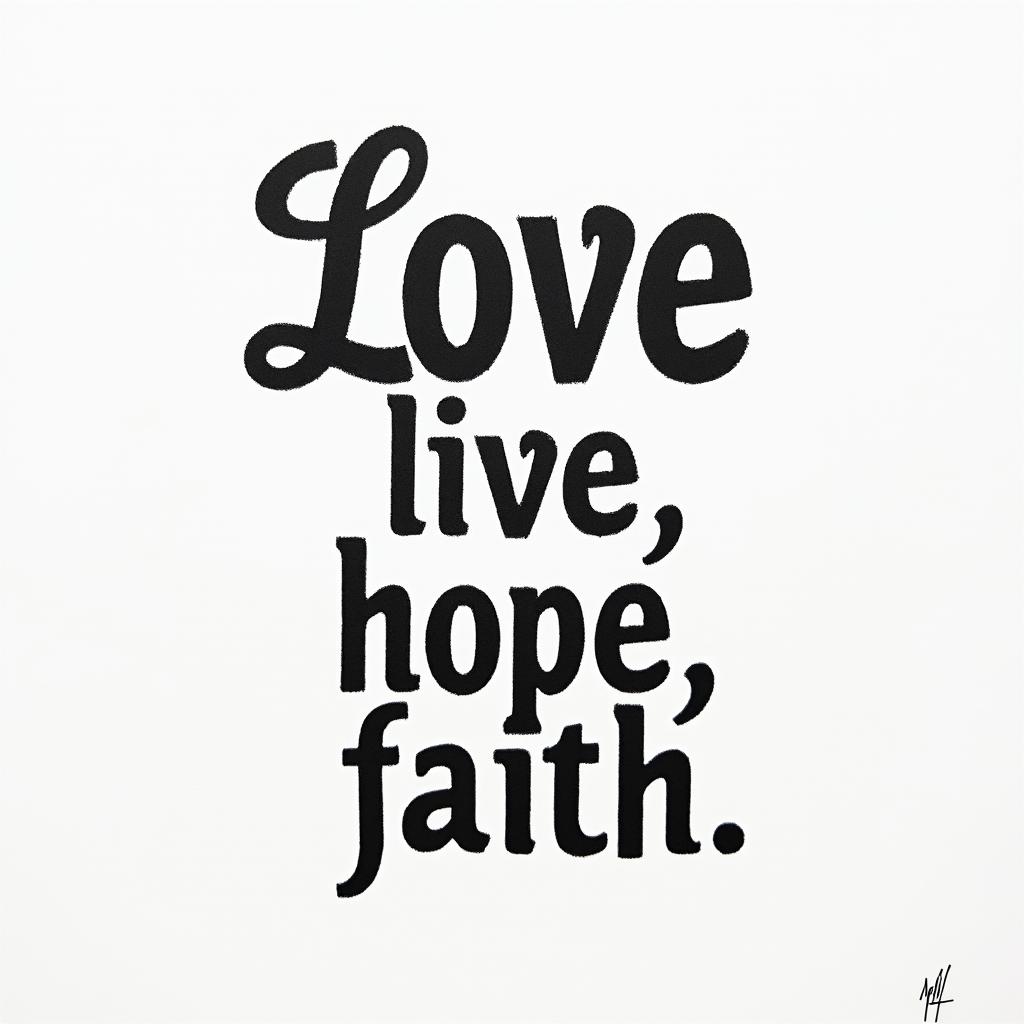 Love, Live, Life, Hope, Faithtext-based tattoo, japanese font ultra-realistic, perfectly placed, high-quality font design, photo-realistic shading, 8k, high quality, finely detailed typograph - Variation 3