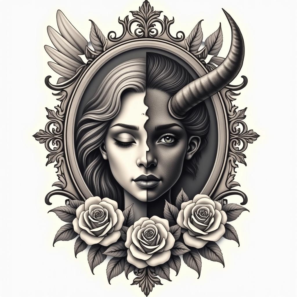 Someone half angel and half demonin victorian style tattoo, featuring vintage and elegant elements, ornate frames, roses, antique, sepia-toned color scheme - Variation 2