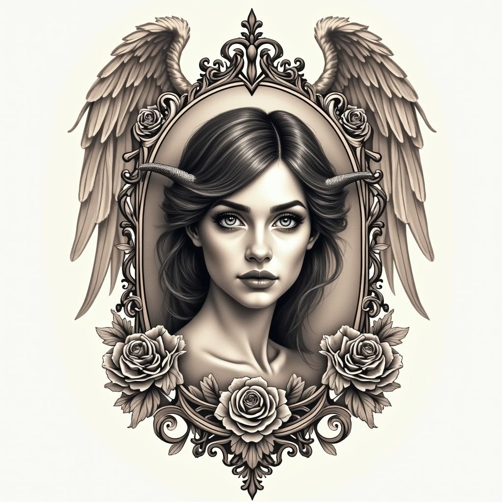 Someone half angel and half demonin victorian style tattoo, featuring vintage and elegant elements, ornate frames, roses, antique, sepia-toned color scheme - Variation 3