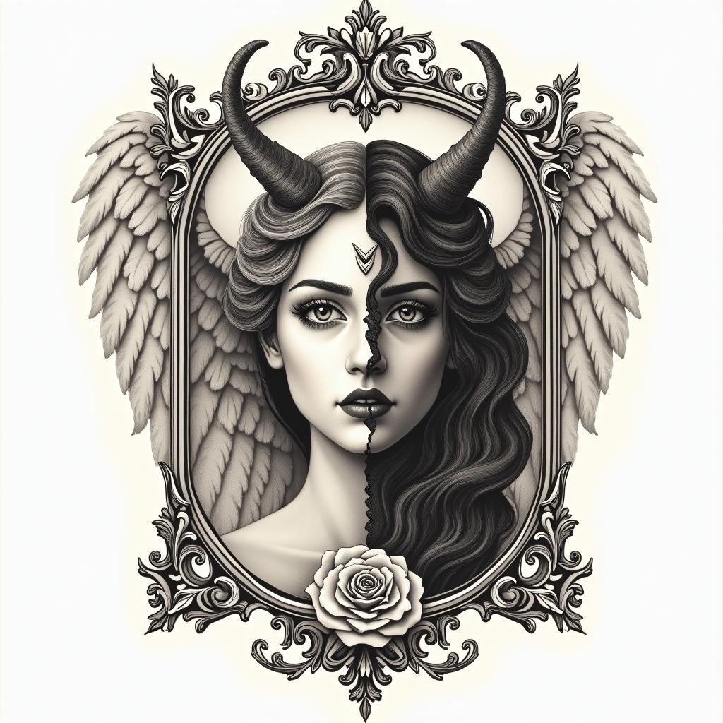 Someone half angel and half demonin victorian style tattoo, featuring vintage and elegant elements, ornate frames, roses, antique, sepia-toned color scheme