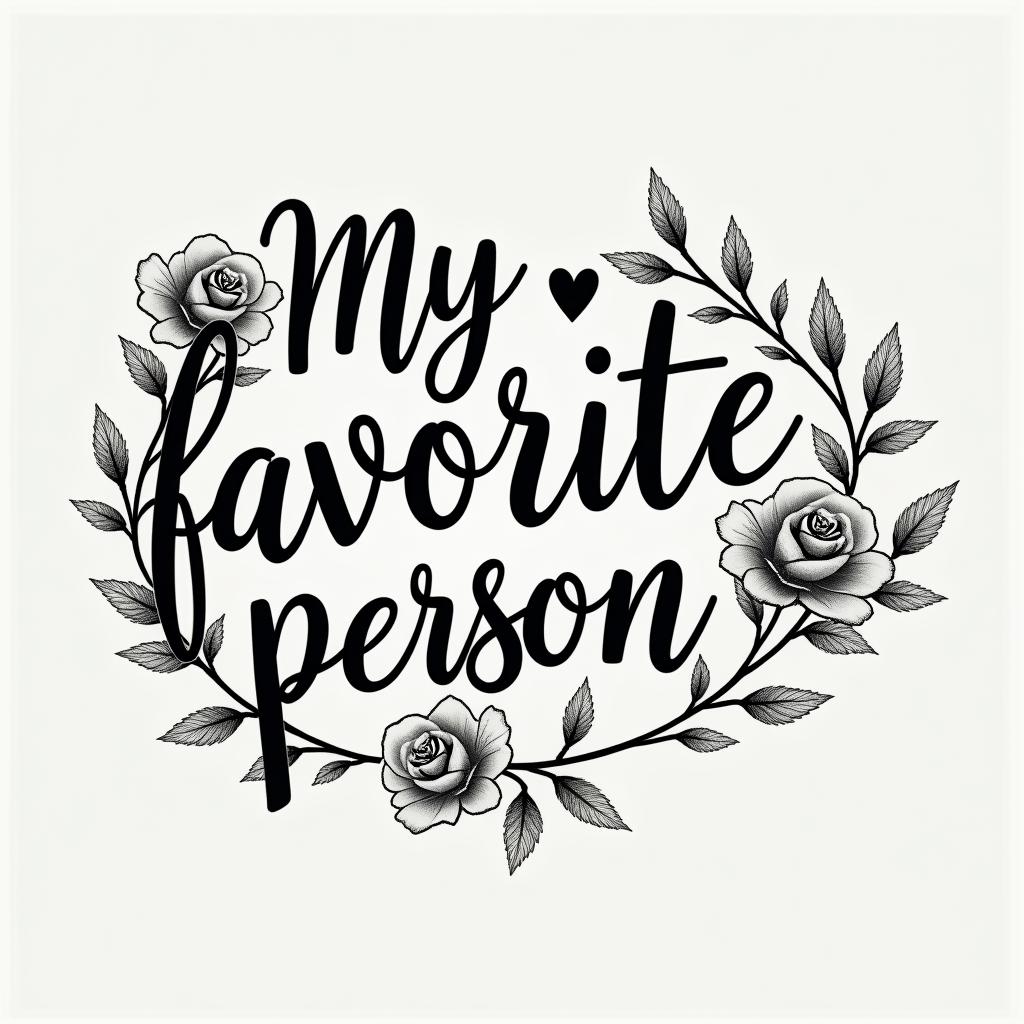 “My favorite person”in elegant cursive calligraphy style 2d tattoo, decorate with roses, featuring a smooth and flowing handwritten script with slightly thickened strokes for a luxurious and bold appearance,  heart symbol between names,  sleek and glossy black text with shadowing, minimalist matte white background, clean and sharp edges, illuminated with soft lighting, romantic, 8k, high-quality textures with refined typography - Variation 20