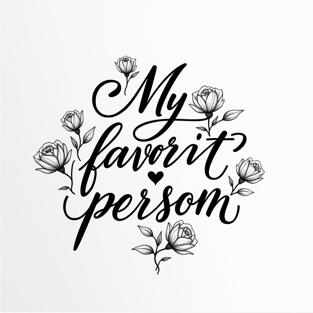 “My favorite person”in elegant cursive calligraphy style 2d tattoo, decorate with roses, featuring a smooth and flowing handwritten script with slightly thickened strokes for a luxurious and bold appearance,  heart symbol between names,  sleek and glossy black text with shadowing, minimalist matte white background, clean and sharp edges, illuminated with soft lighting, romantic, 8k, high-quality textures with refined typography - Variation 17