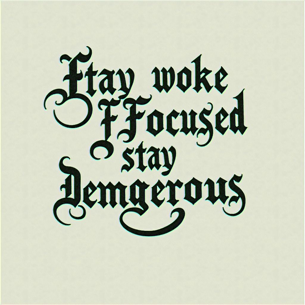 Stay woke stay focused stay dangerous Stay uptext-based tattoo, gothic font ultra-realistic, perfectly placed, high-quality font design, photo-realistic shading, 8k, high quality, finely detailed typography - Variation 3
