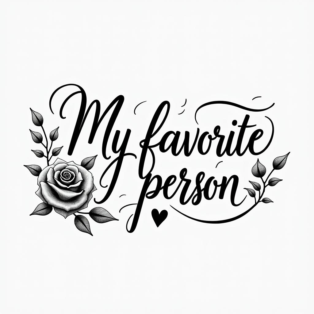 “My favorite person”in elegant cursive calligraphy style 2d tattoo, decorate with roses, featuring a smooth and flowing handwritten script with slightly thickened strokes for a luxurious and bold appearance,  heart symbol between names,  sleek and glossy black text with shadowing, minimalist matte white background, clean and sharp edges, illuminated with soft lighting, romantic, 8k, high-quality textures with refined typography - Variation 14