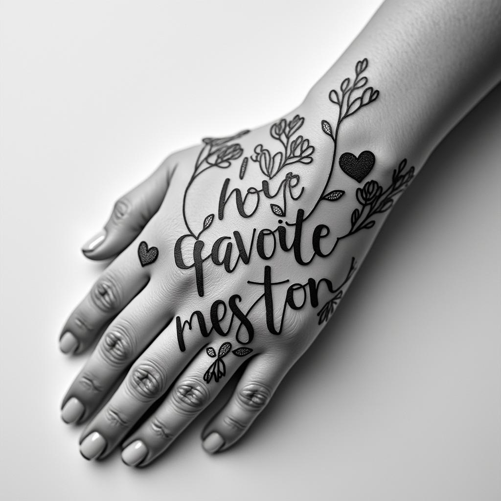 “My favorite person”in elegant cursive calligraphy style 2d tattoo, decorate with roses, featuring a smooth and flowing handwritten script with slightly thickened strokes for a luxurious and bold appearance,  heart symbol between names,  sleek and glossy black text with shadowing, minimalist matte white background, clean and sharp edges, illuminated with soft lighting, romantic, 8k, high-quality textures with refined typography - Variation 15