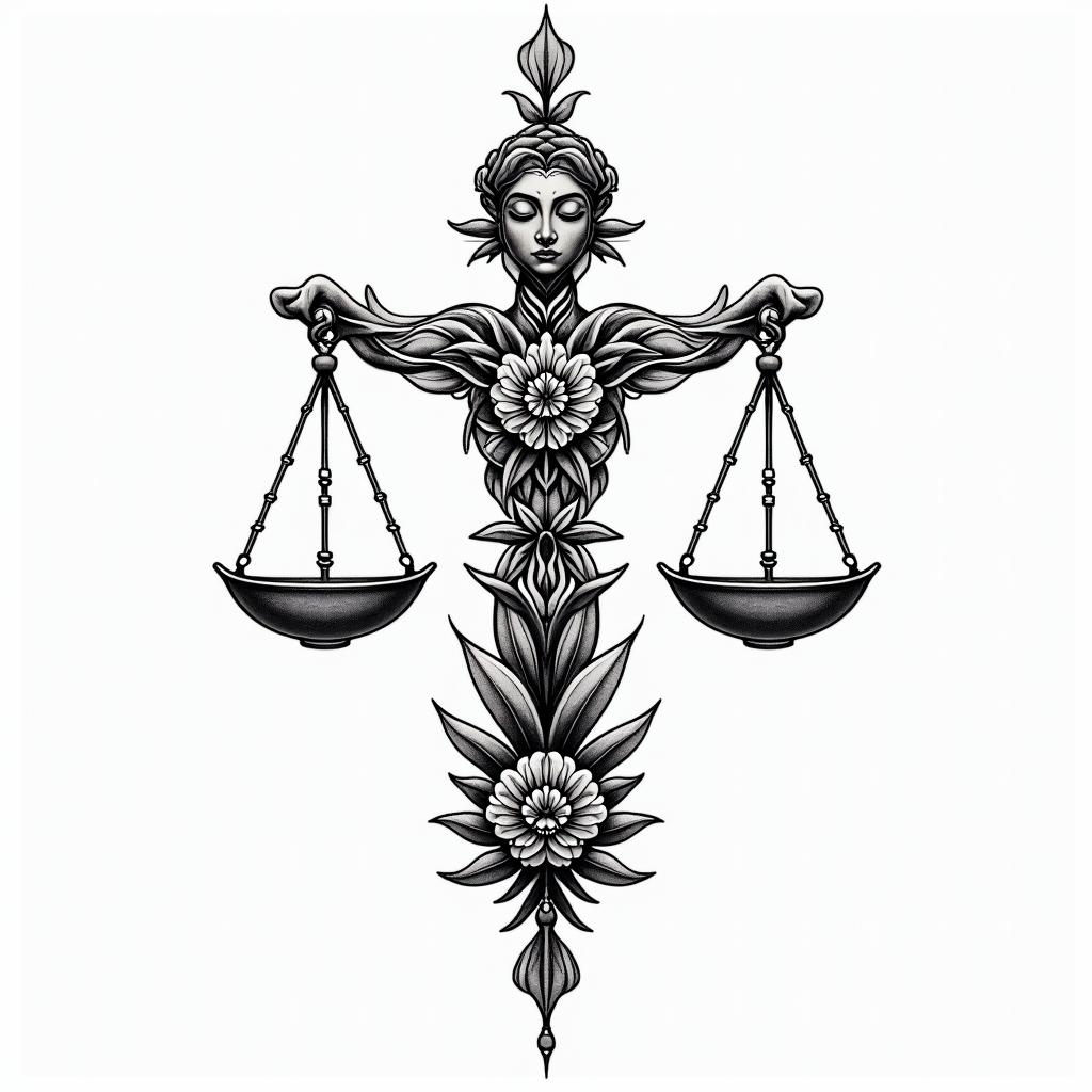 Libra, universe, balance, lovein ornamental tattoo style, featuring intricate symmetrical patterns and floral designs, showcasing highly detailed line work and geometric shapes, creating a sense of elegance and balance
