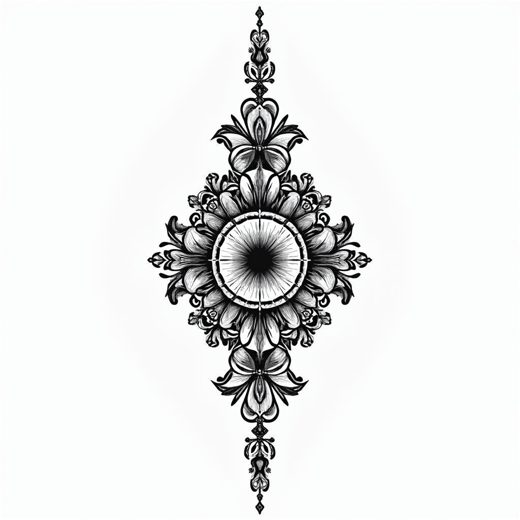 Libra, universe, balance, lovein ornamental tattoo style, featuring intricate symmetrical patterns and floral designs, showcasing highly detailed line work and geometric shapes, creating a sense of elegance and balance - Variation 2