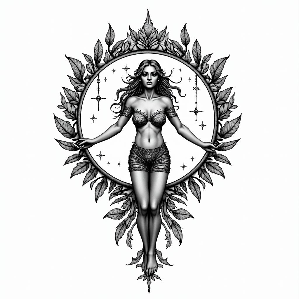 Libra, universe, balance, lovein ornamental tattoo style, featuring intricate symmetrical patterns and floral designs, showcasing highly detailed line work and geometric shapes, creating a sense of elegance and balance - Variation 4