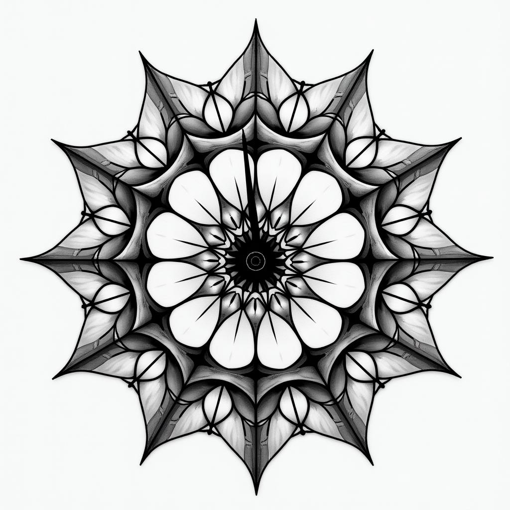 Broken clock in geometric style tattoo, blending hexagons, mandala-inspired patterns, symmetrical and fractal design, clean lines, sharp angles - Variation 4