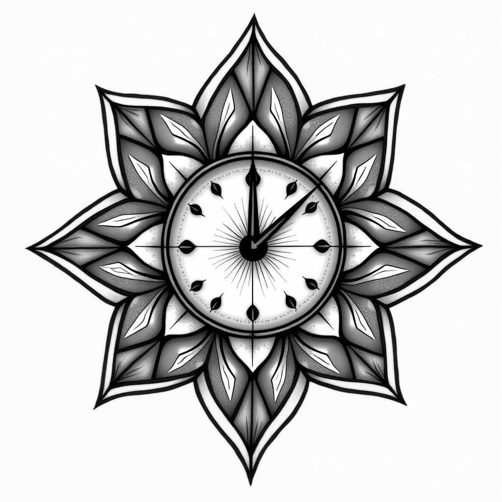 Broken clock in geometric style tattoo, blending hexagons, mandala-inspired patterns, symmetrical and fractal design, clean lines, sharp angles - Variation 2