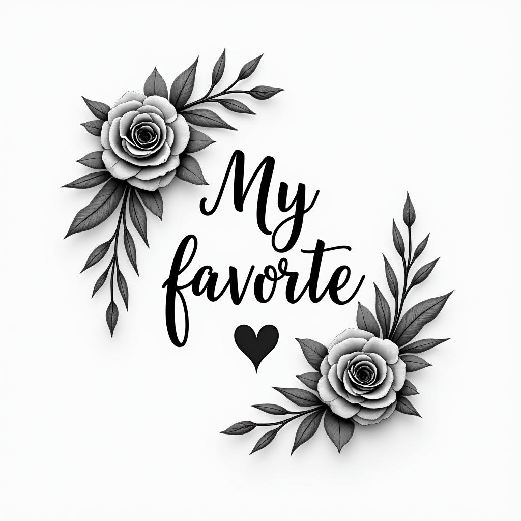“My favorite person”in elegant cursive calligraphy style 2d tattoo, decorate with roses, featuring a smooth and flowing handwritten script with slightly thickened strokes for a luxurious and bold appearance,  heart symbol between names,  sleek and glossy black text with shadowing, minimalist matte white background, clean and sharp edges, illuminated with soft lighting, romantic, 8k, high-quality textures with refined typography - Variation 12