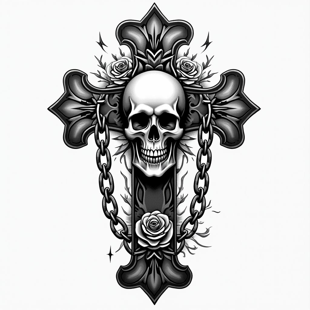 Melanie Wassermann Cottbusin chicano style tattoo, featuring intricate black and grey shading, bold elements of traditional chicano culture symbols, add a big cross with skull, chains and roses - Variation 3