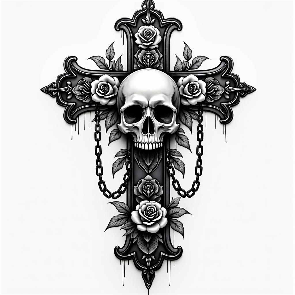 Melanie Wassermann Cottbusin chicano style tattoo, featuring intricate black and grey shading, bold elements of traditional chicano culture symbols, add a big cross with skull, chains and roses - Variation 4