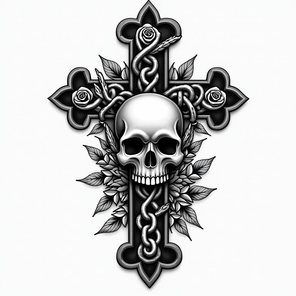 Melanie Wassermann Cottbusin chicano style tattoo, featuring intricate black and grey shading, bold elements of traditional chicano culture symbols, add a big cross with skull, chains and roses