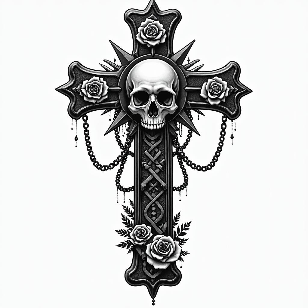 Melanie Wassermann Cottbusin chicano style tattoo, featuring intricate black and grey shading, bold elements of traditional chicano culture symbols, add a big cross with skull, chains and roses - Variation 2