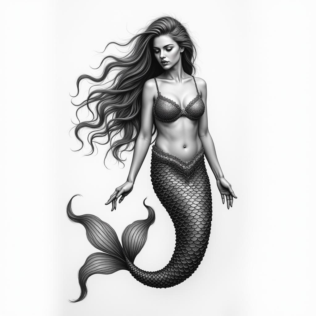 Mermaidin portrait tattoo style, featuring a highly realistic and detailed depiction - Variation 3