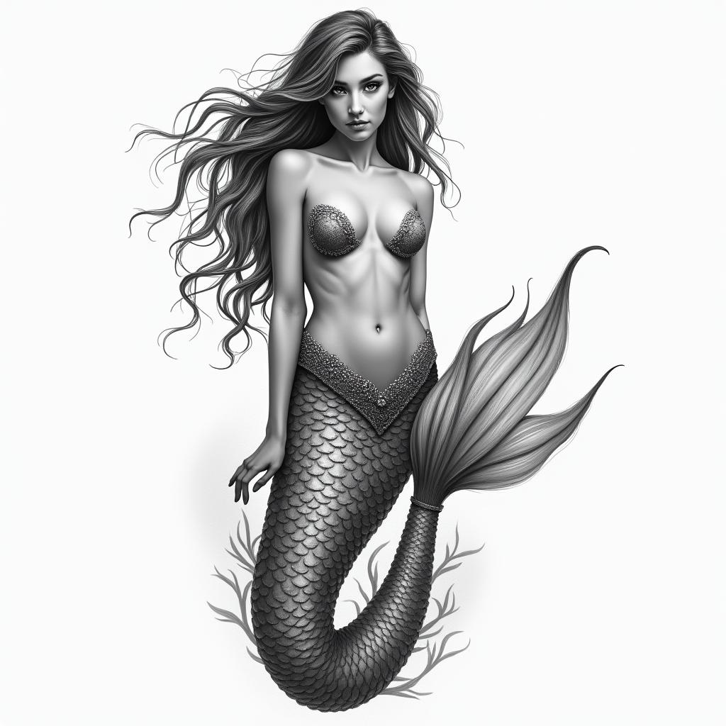 Mermaidin portrait tattoo style, featuring a highly realistic and detailed depiction - Variation 4