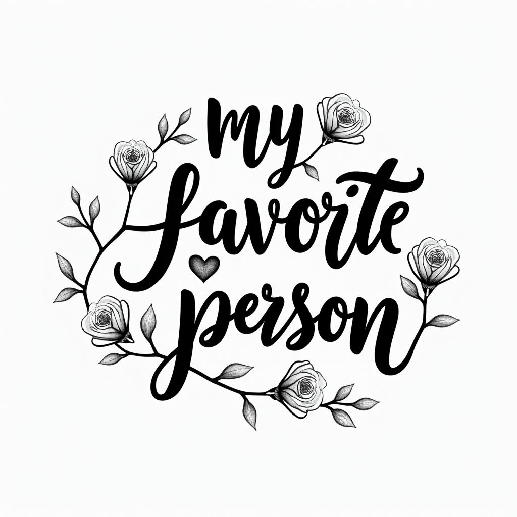 “My favorite person”in elegant cursive calligraphy style 2d tattoo, decorate with roses, featuring a smooth and flowing handwritten script with slightly thickened strokes for a luxurious and bold appearance,  heart symbol between names,  sleek and glossy black text with shadowing, minimalist matte white background, clean and sharp edges, illuminated with soft lighting, romantic, 8k, high-quality textures with refined typography - Variation 5