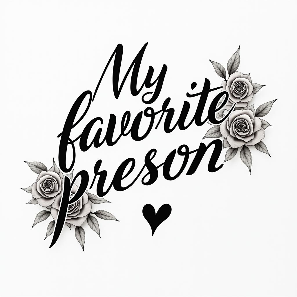 “My favorite person”in elegant cursive calligraphy style 2d tattoo, decorate with roses, featuring a smooth and flowing handwritten script with slightly thickened strokes for a luxurious and bold appearance,  heart symbol between names,  sleek and glossy black text with shadowing, minimalist matte white background, clean and sharp edges, illuminated with soft lighting, romantic, 8k, high-quality textures with refined typography - Variation 7