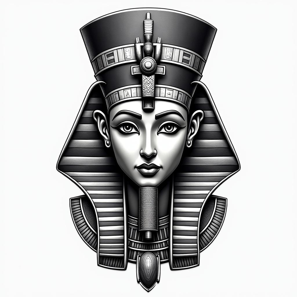 Areli Geminiin egyptian style tattoo, bold elements of ancient egyptian culture including a portrait of an Egyptian pharaoh with detailed facial features, in hieroglyphs and symbolic imagery, eye of horus, ankh symbol, scarab beetle