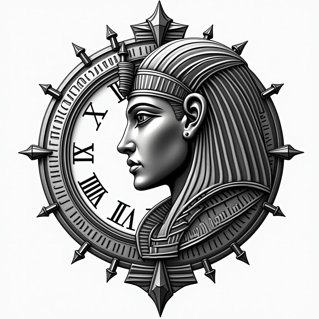 Broken clockin egyptian style tattoo, bold elements of ancient egyptian culture including a portrait of an Egyptian pharaoh with detailed facial features, in hieroglyphs and symbolic imagery, eye of horus, ankh symbol, scarab beetle - Variation 4